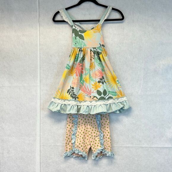 MATILDA JANE Girls Outfit 2PC Size 8 Floral Ruffle Tunic Top & Polka Dot Shorts - Picture 1 of 15